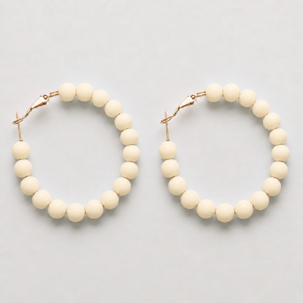 New Buttercream Beaded Hoop Earrings 2 Inch Nickel Free Ivory Cream Boho